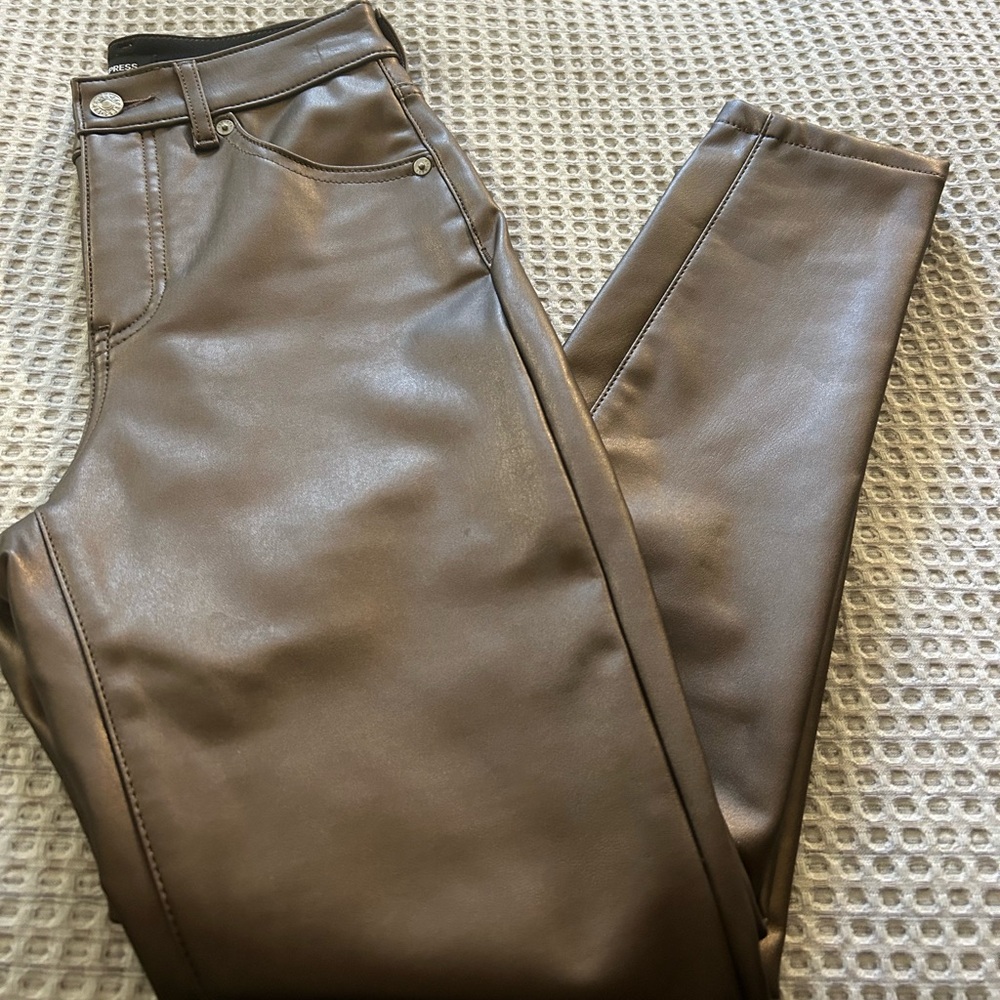 High Waisted Metallic Faux Leather Modern Straight Pant Express